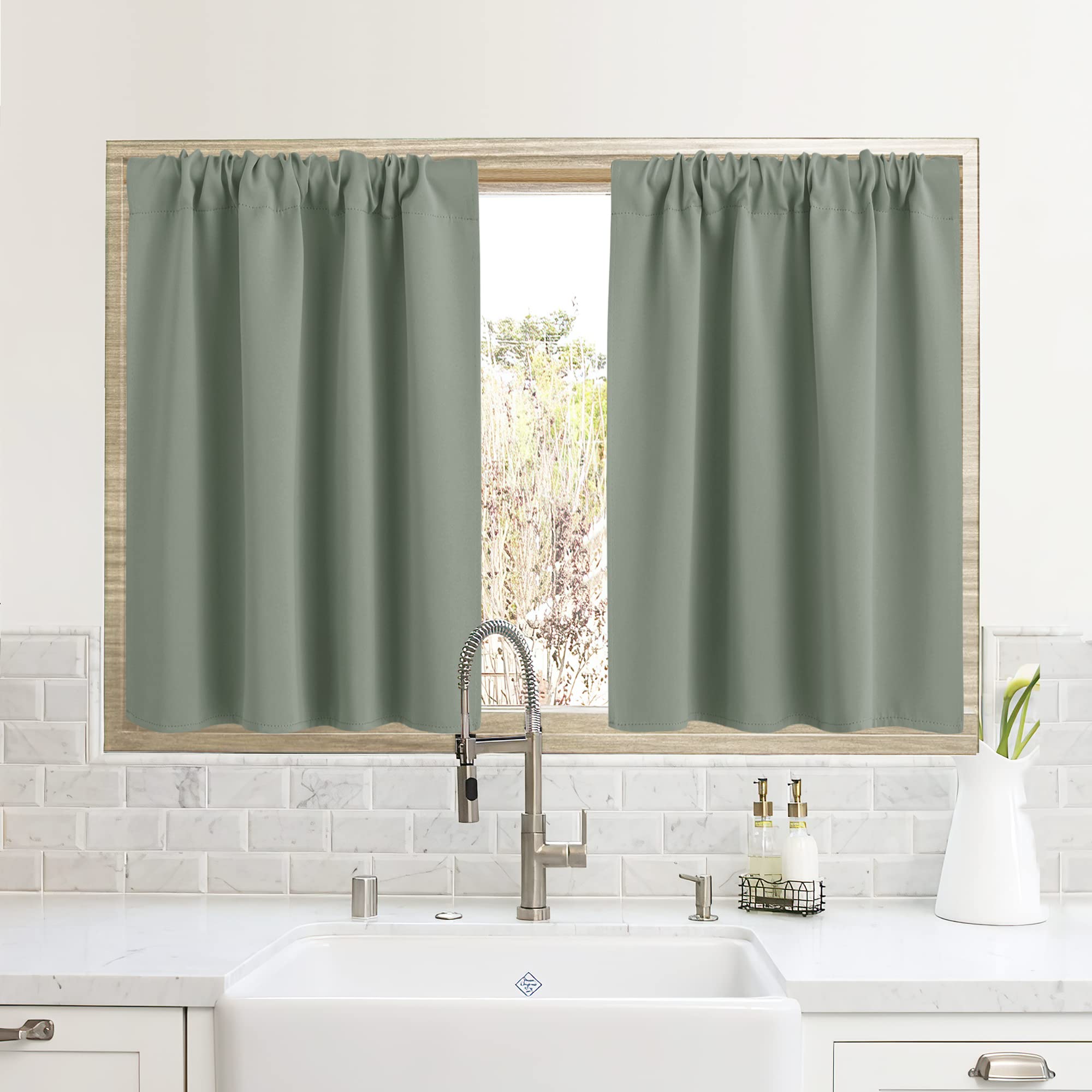 RYB HOME Small Window Curtains for Kitchen, Thermal Insulated Privacy Shades for Bedroom Basement Bathroom Door Half Window Tiers, Width 34 x Length 24 inch, 2 Panels, Sea Green