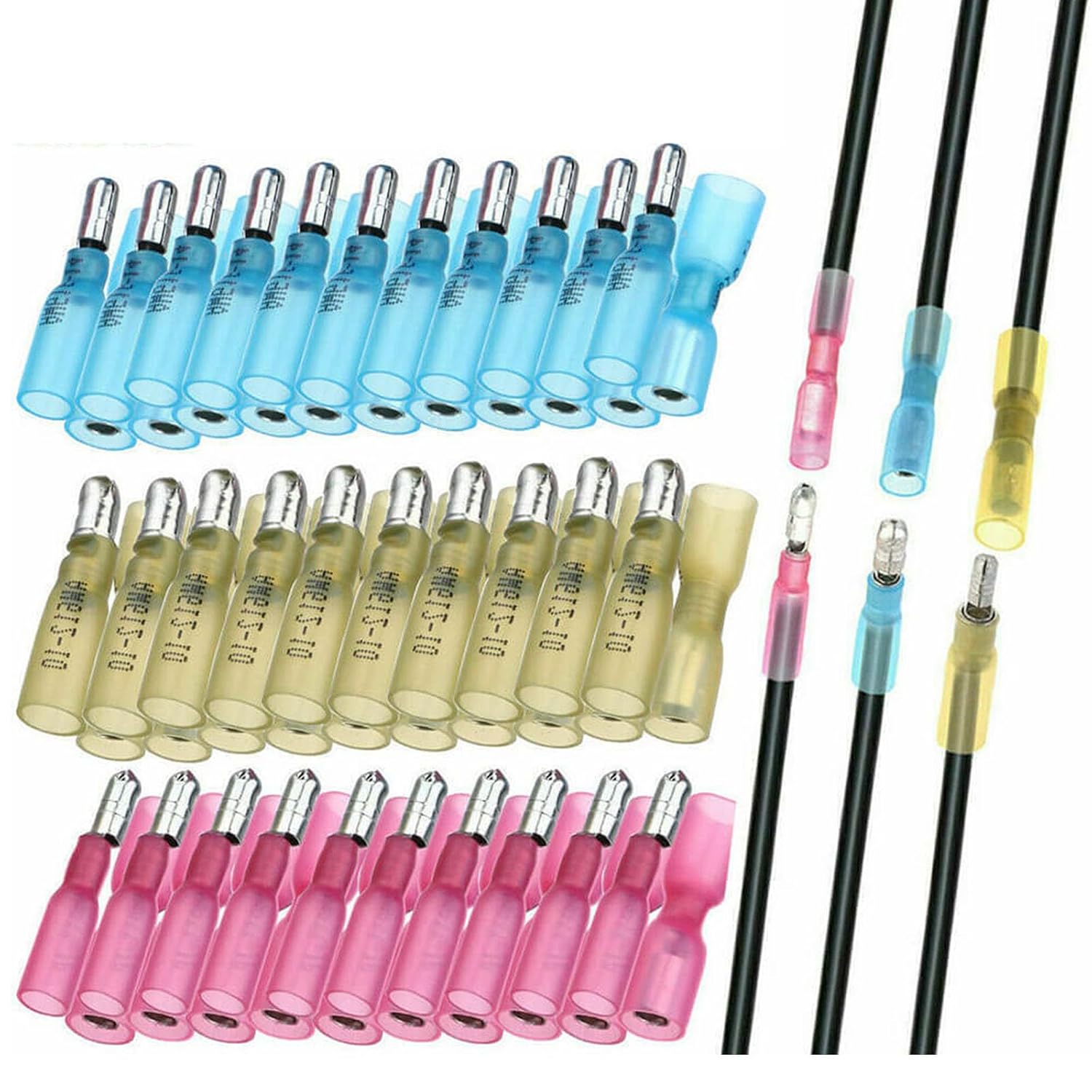 EEEkit 100pcs Heat Shrink Bullet Connectors, Female & Male Bullet Butt Terminals Insulated Wire Splice Connectors Kits Waterproof Electrical Marine Crimp Automotive Connectors 3 Colors 3 Sizes