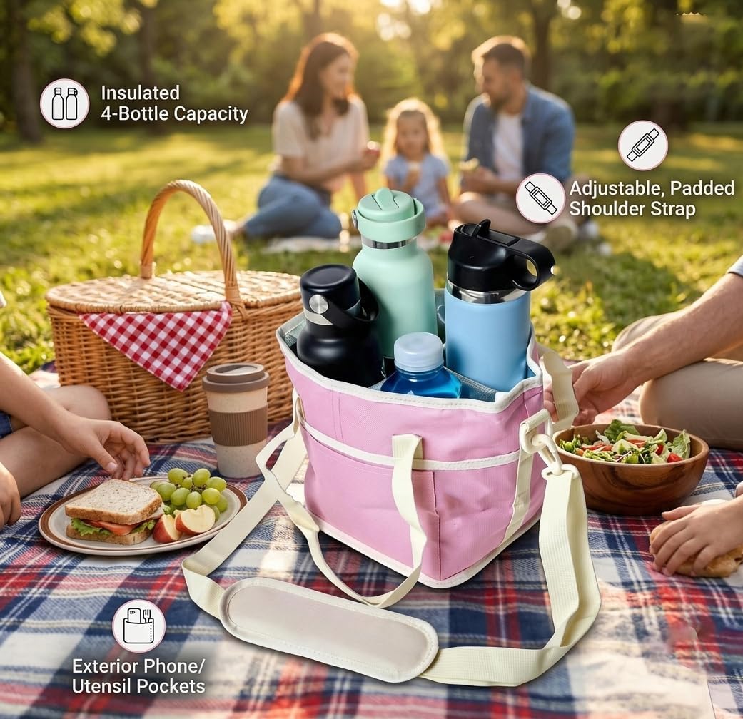 Family Size 4-Compartment Drink Carrier Bag for Coffee Cups & Tumblers,Portable Reusable Coffee Cup Holder & Beverage Tote