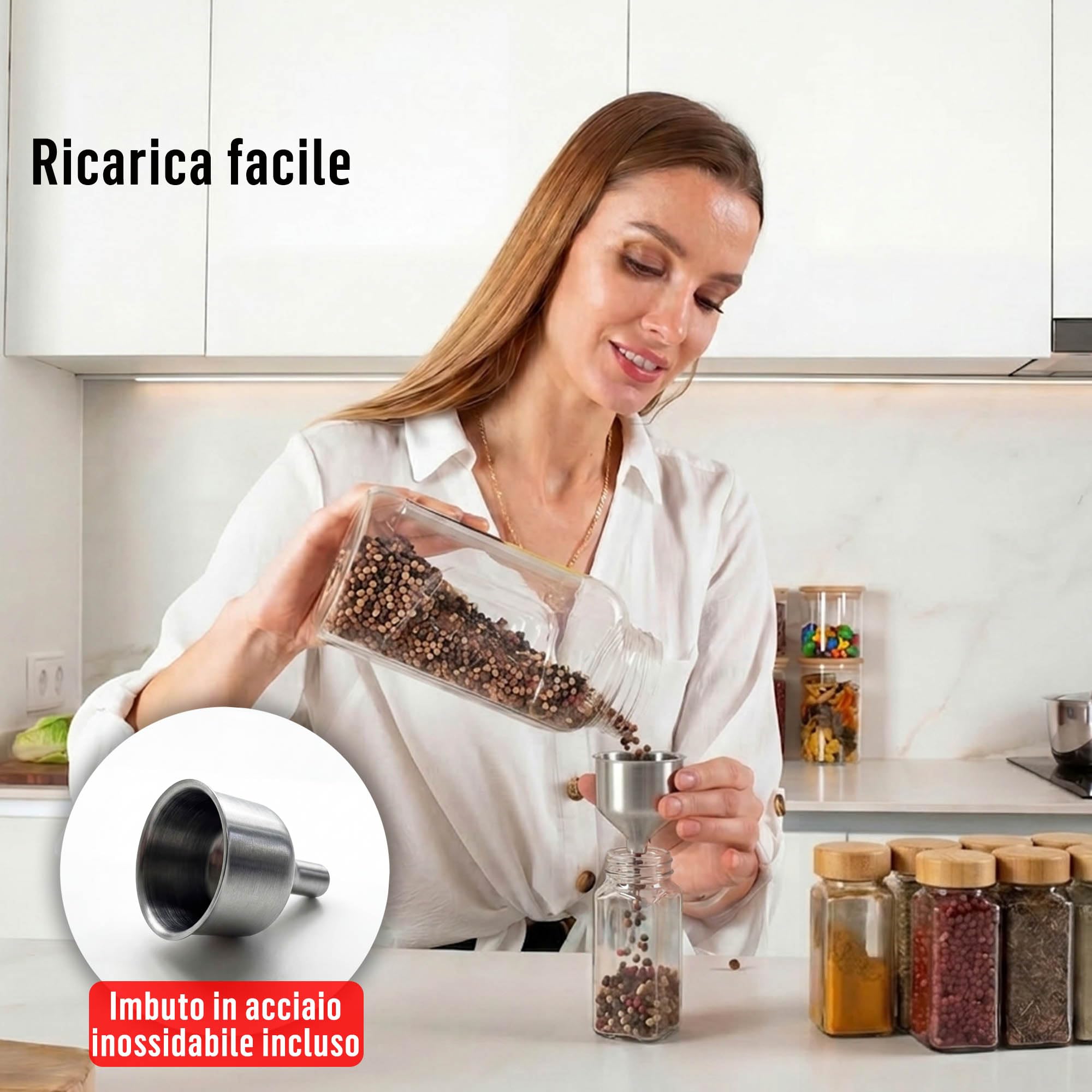 Deco haus® Set da 12 Contenitori per Spezie con Tappo a Vite - Kit per Condimenti con Etichette, Imbuto, Spazzola, Pennarello - Barattoli Portaspezie Piccoli in Vetro Trasparente da 120ml, 10,5x4,3 cm