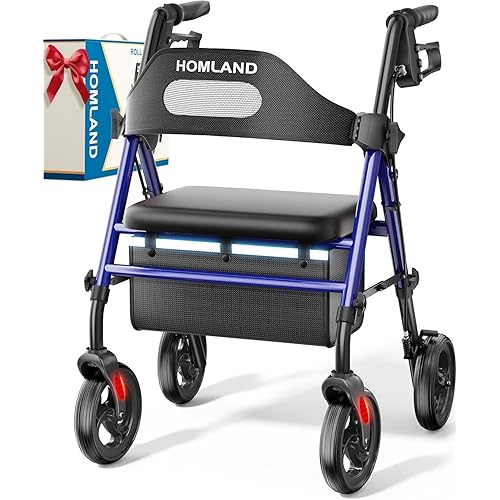 HOMLAND Foldable Rollator Walkers with Seat for Seniors, 8'' Big Wheels, 350 lb. Weight Capacity, Adjustable Handles and Seat Height, Lightweight Rolling Walker, Blue
