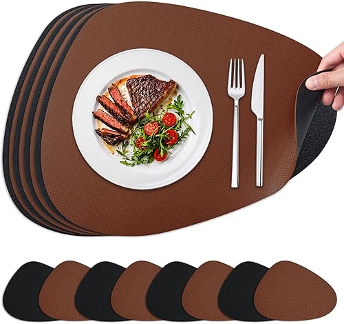 Juego de 4 manteles individuales y posavasos de piel sintética, manteles individuales redondos de doble cara para cocina, comedor, mesa de patio,