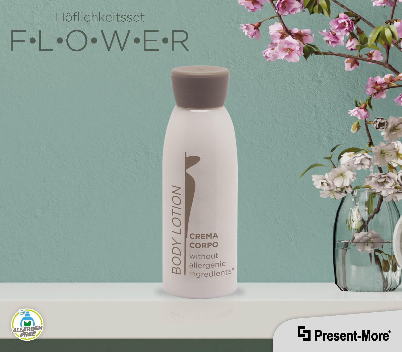 Present-More Body Lotion 30ml Flower - Körpercreme 250 Stücke für Hotels und B&B | Allergenfreie Körpercreme mit Duftnoten von weißer Tee