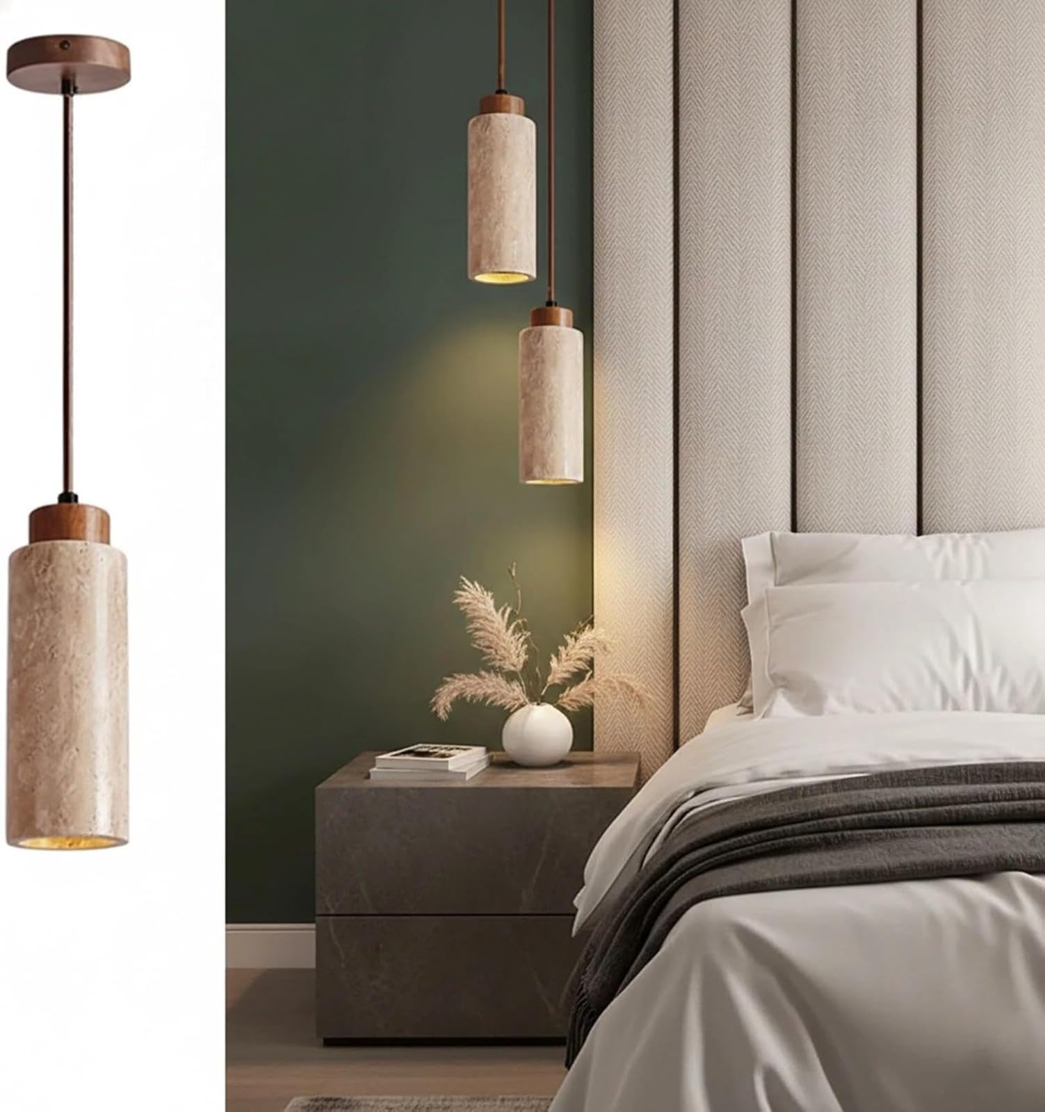 Travertine Pendant Light Chandelier Ceiling Light, Japanese Style Natural Stone Hanging Lamp for Kitchen Island, Dining Room & Bedroom, Mini Cylinder Pendant with Adjustable Cord (Yellow)