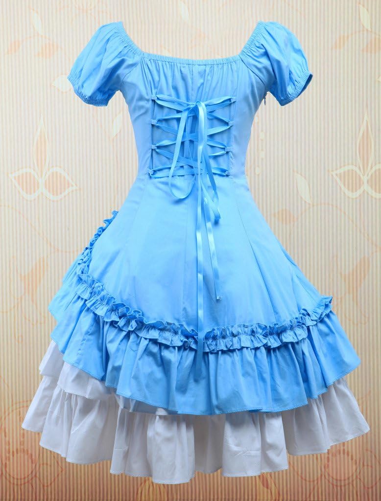 Hugme Cotton Short Sleeves Ruffle Bow Classic Lolita Dress Light Sky Blue