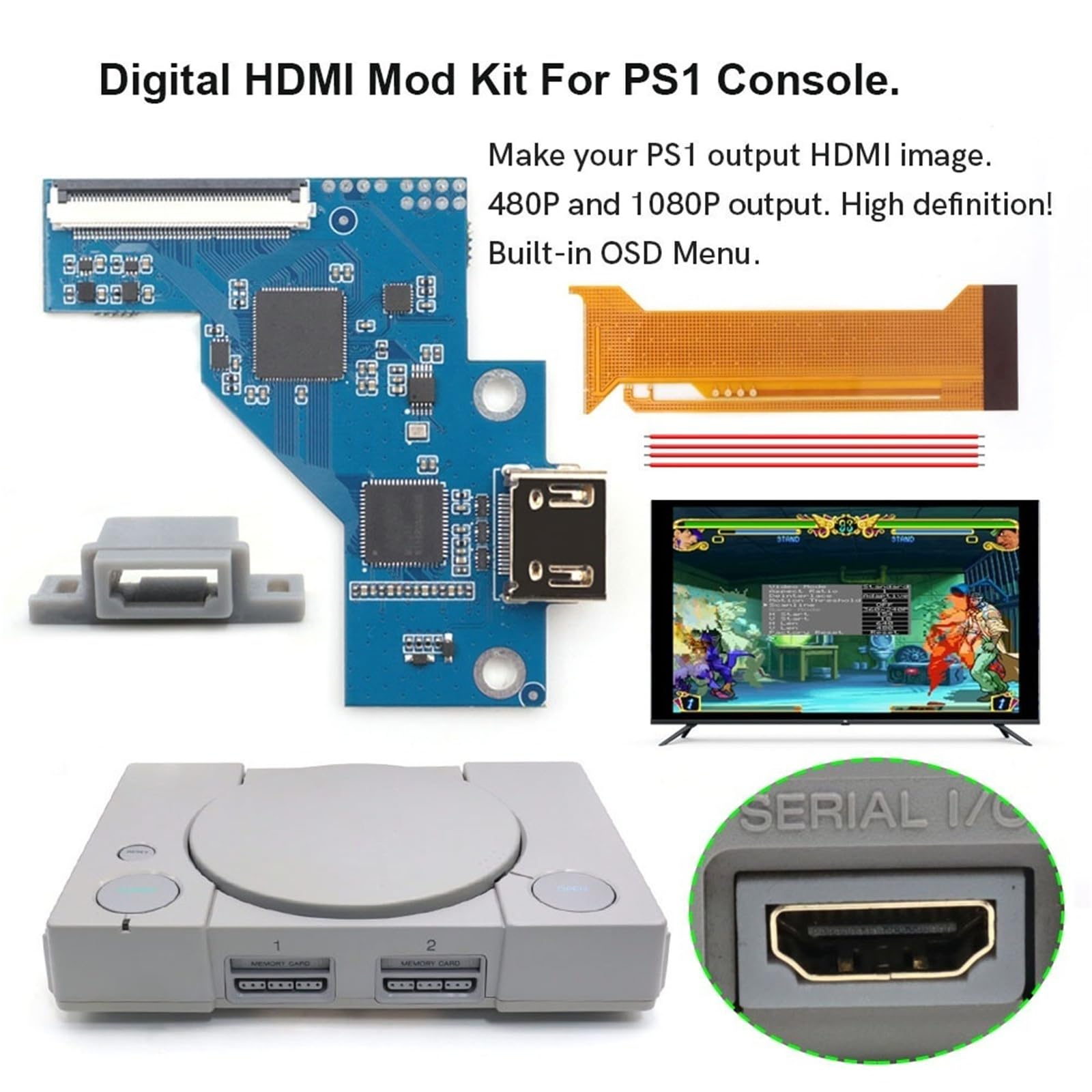 Kit MOD HDMI digitale, 480P 1080P, for PlayStation 1, for console PS1(PCB kit with 2 cable)