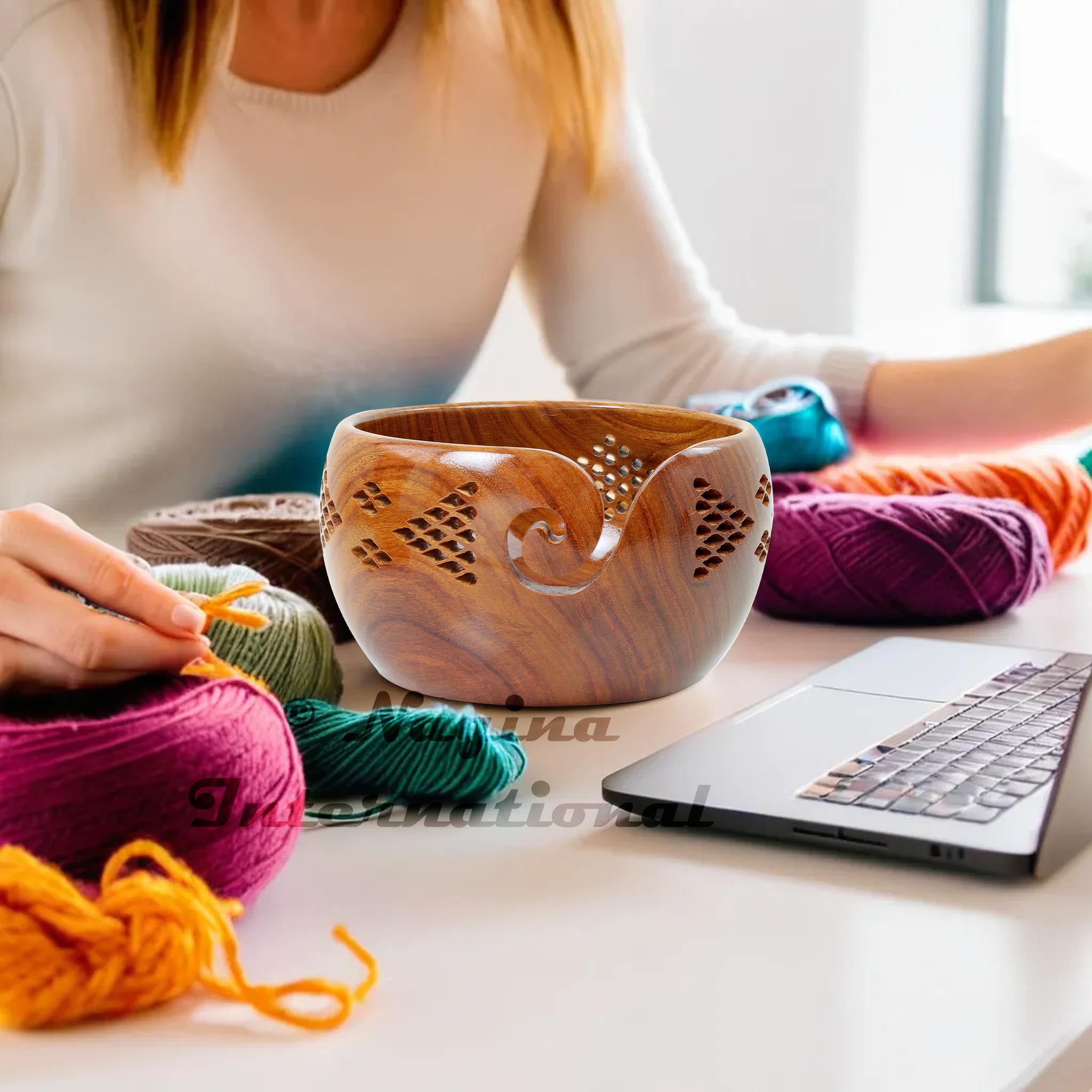 Nagina International Premium Rosewood Crafted Yarn Storage Bowls with Decorative Carved Handmade Grills - Knitting & Crochet Accessories Supplies (Large)