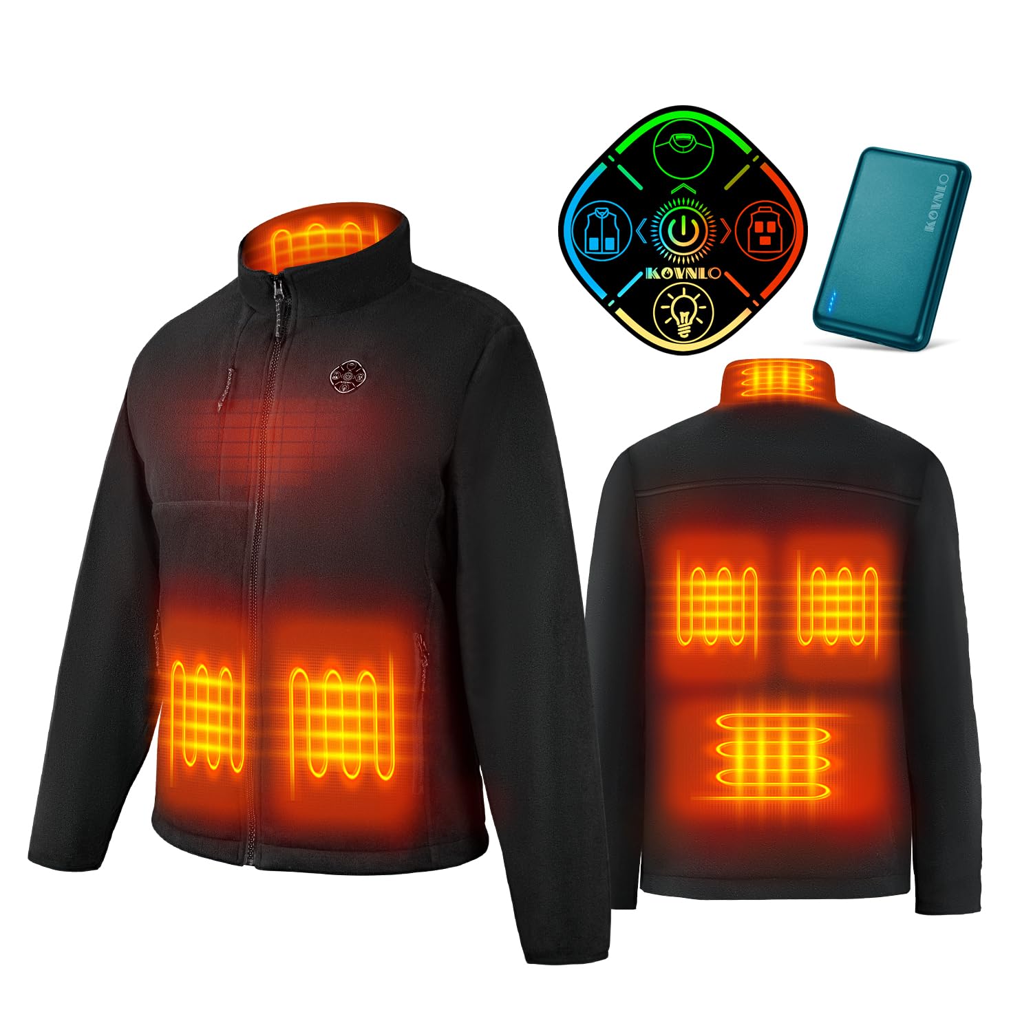 KOVNLOHeated Jacket for Men with Battery Pack, Soft Fleece Shell 5 in 1 Smart Controller, Heating Fast Electric Heating Coat