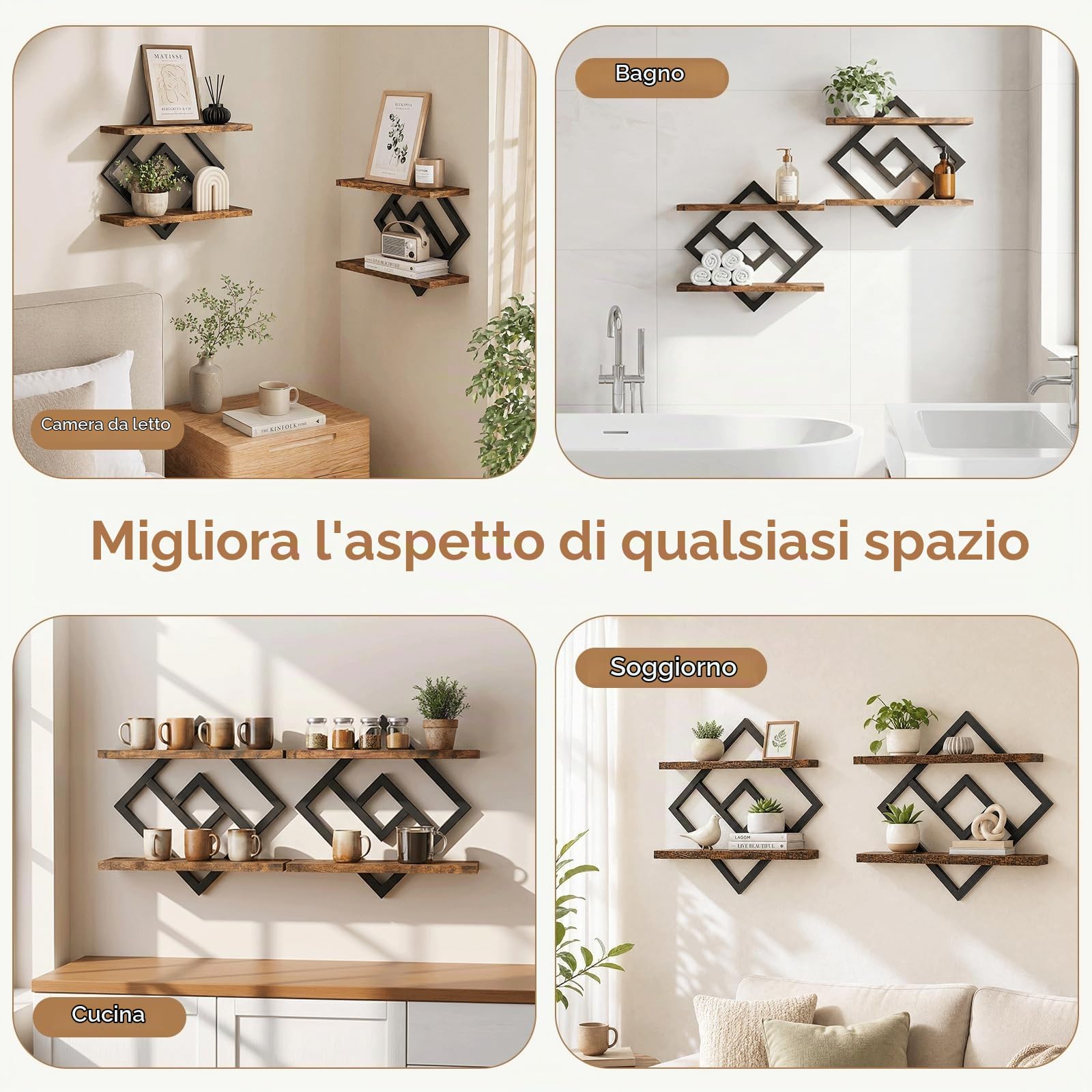 Mensole Galleggianti, Set di 2 Mensole da Muro Design, Mensole da Parete da 40 cm, Ripiano Decorativo Sospeso a 2 Livelli, Mensole Sospese in Legno per Soggiorno, Camera da Letto, Bagno