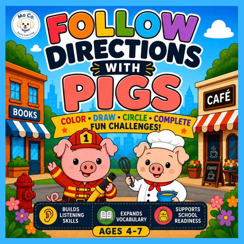 Follow Directions with Pigs: Color - Draw - Circle - Complete Fun Challenges (Mo Co. Early Learning)