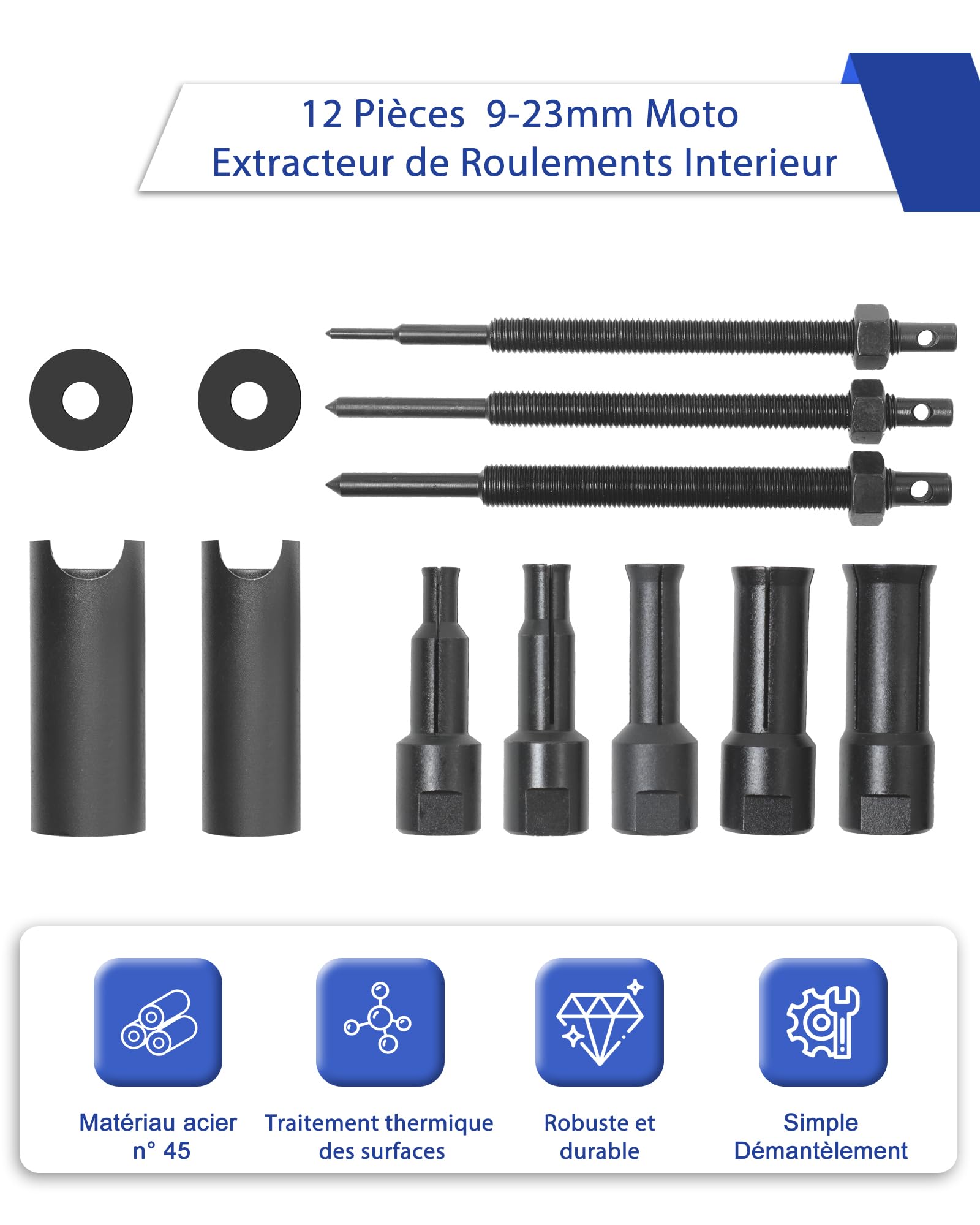 Velo Extracteur de Roulements Interieur avec valises moulées par soufflage Arrache Roulement avec 5 Pinces(9-23mm) pour Roulements Vélo, Roulements à Aiguilles, Roulements Boîte Vitesses...