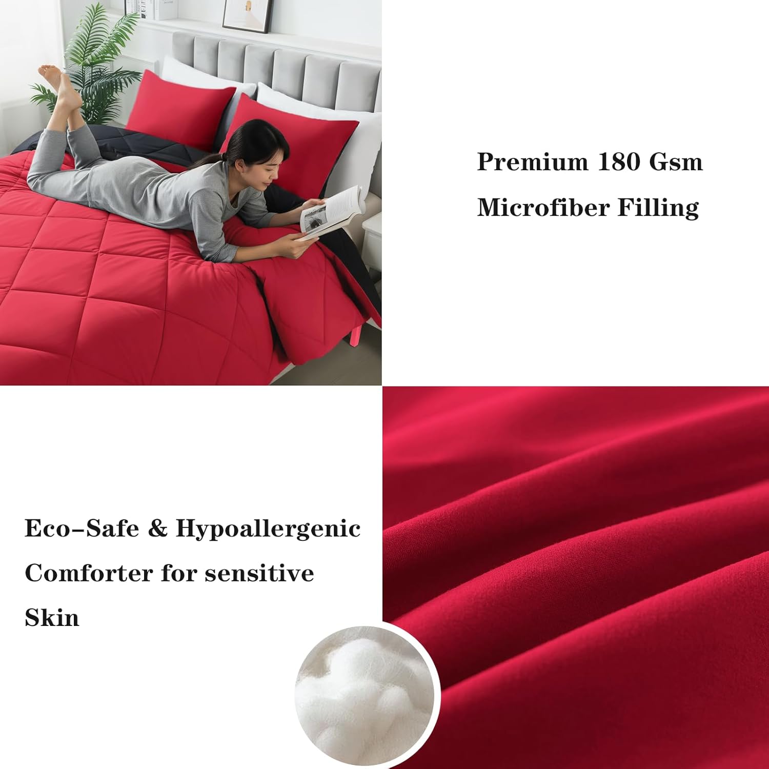 3-Piece Queen Comforter Set,All-Season,Soft & Hypoallergenic &Breathable Bedding,Polyester Quilted,Down Alternative(Comforter*1 & Pillowcases*2),Black/Bright Red - Image 3