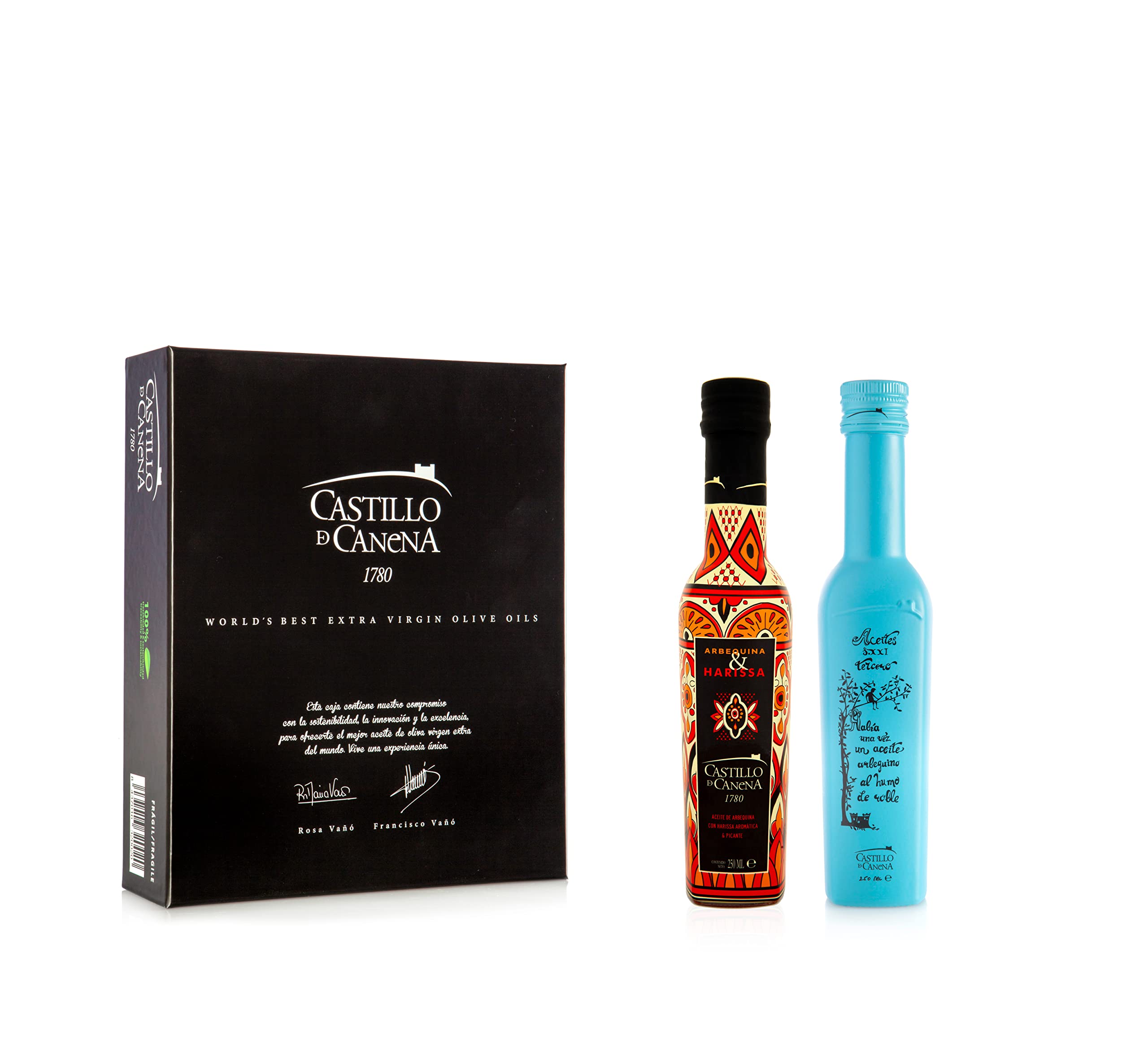 PACK ACEITE DE OLIVA ARBEQUINA CON HARISSA Y ACEITE AL HUMO DE ROBLE - CASTILLO DE CANENA - 2x250ml