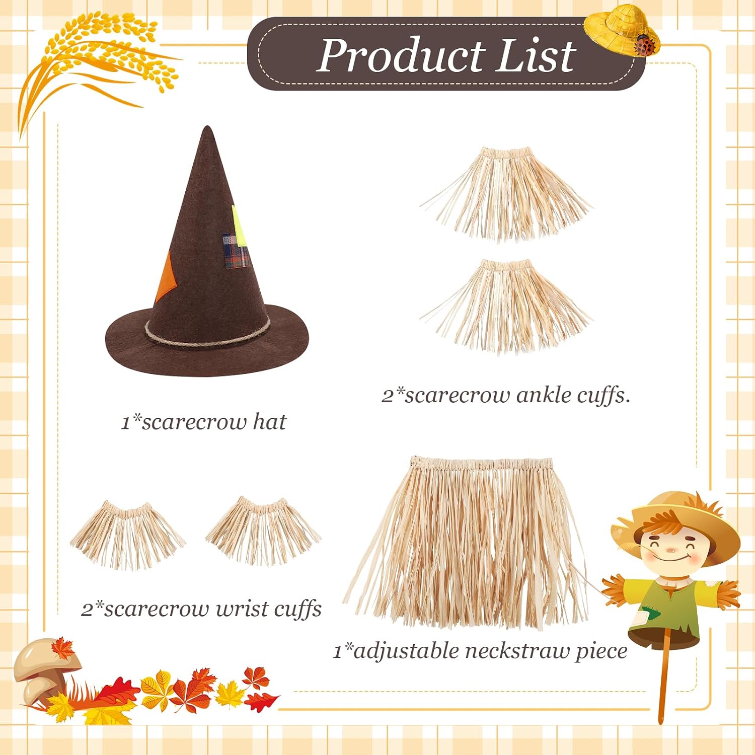 Scarecrow Costume Accessories Set with Hat for Kids, 6 Pieces