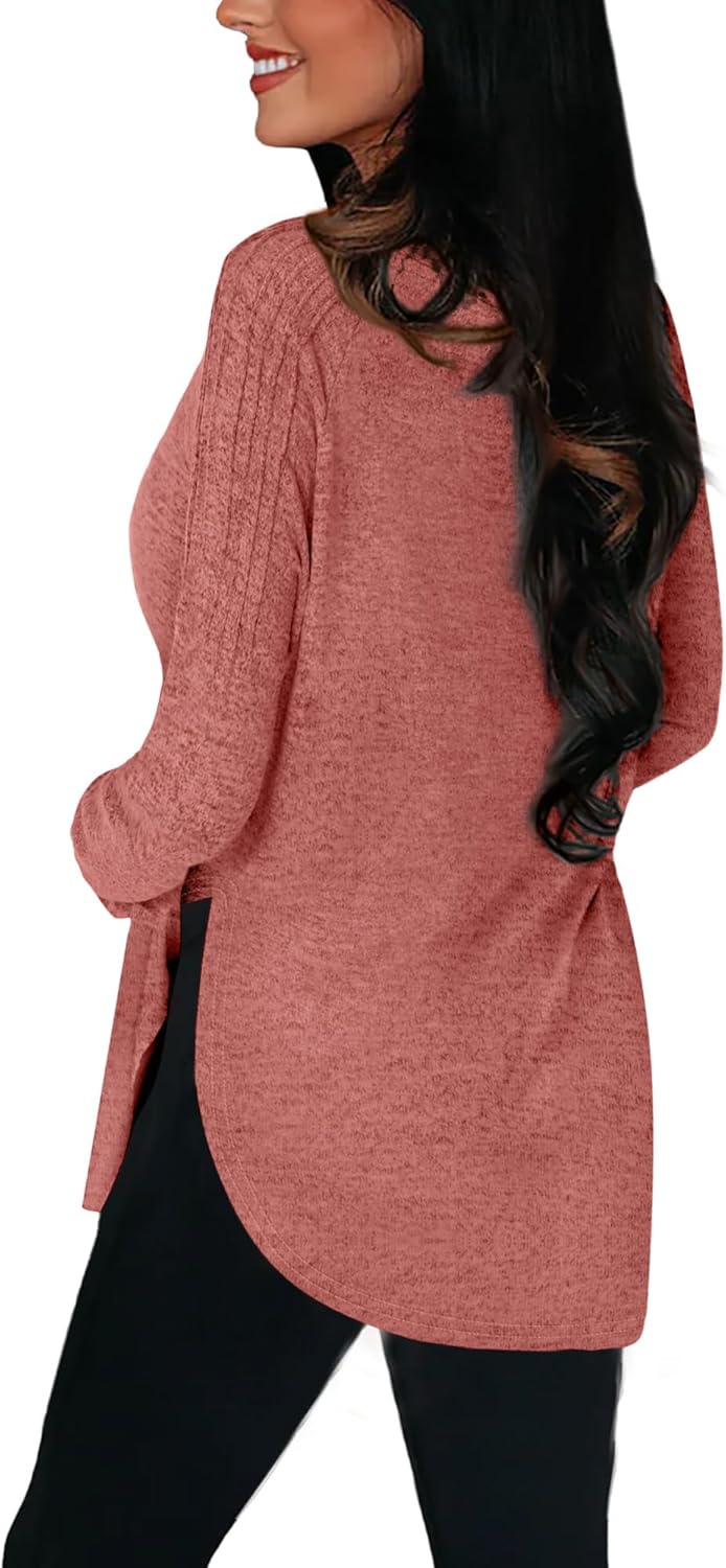 Womens Long Sleeve T Shirts Fall Fashion 2025 Crew Neck Pleated Side Split Tunic Tops To Wear With Leggings - Image 2