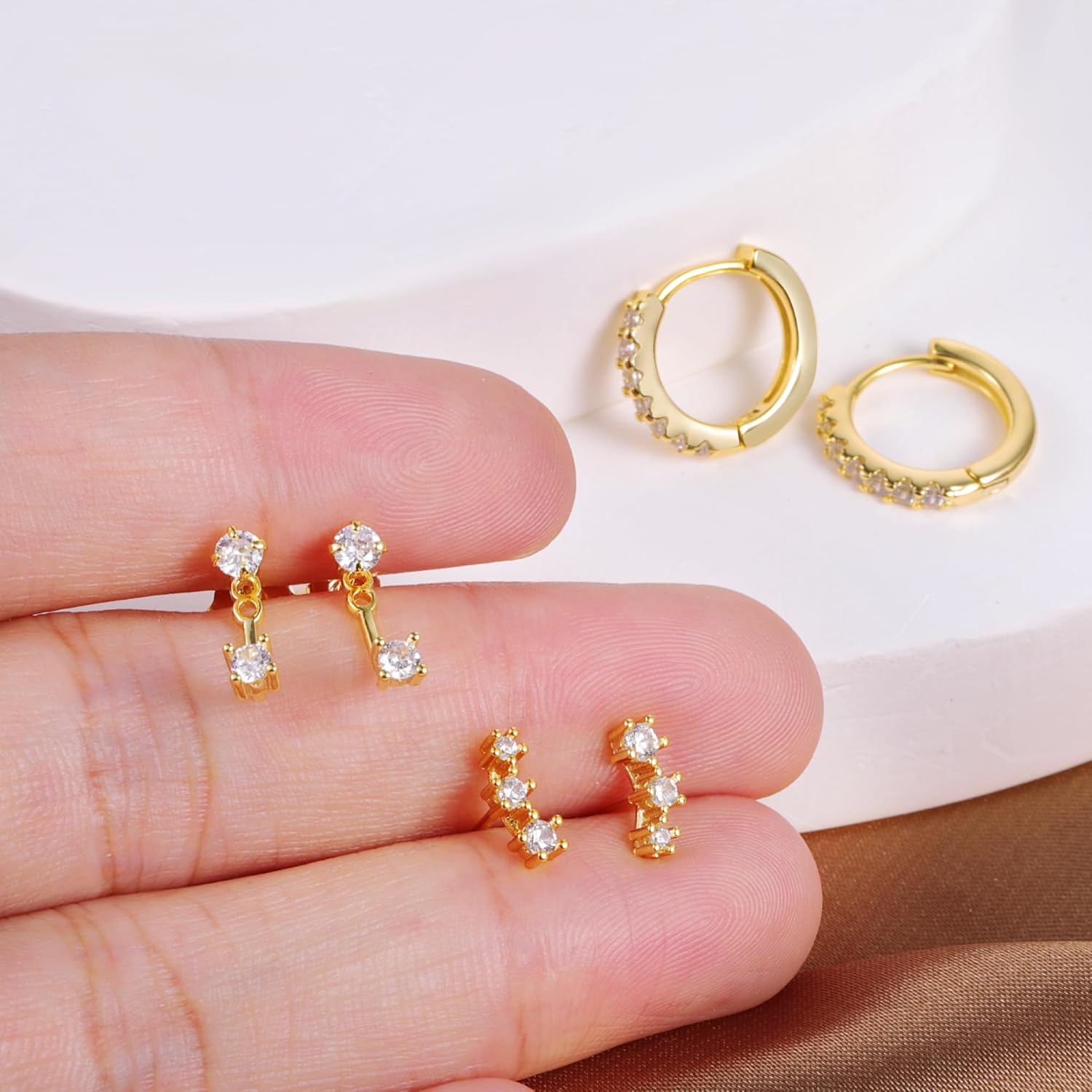 3 Pairs Sterling Silver Earrings for Women Trendy Silver Stud Hoop Earrings Stacks for Multiple Piercing Dainty Cartilage Huggie Hoop Earrings Hypoallergenic Small Cubic Zirconia Stud Hoop Earrings Set - Image 7