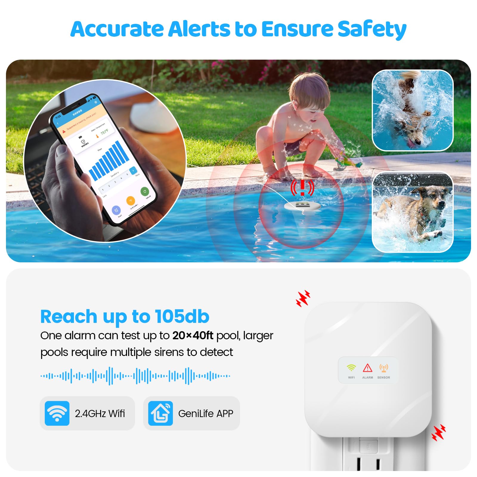 Alarma de piscina WiFi, onda solar sensible, control inteligente, alarma dual, dispositivo y app, ofrece protección