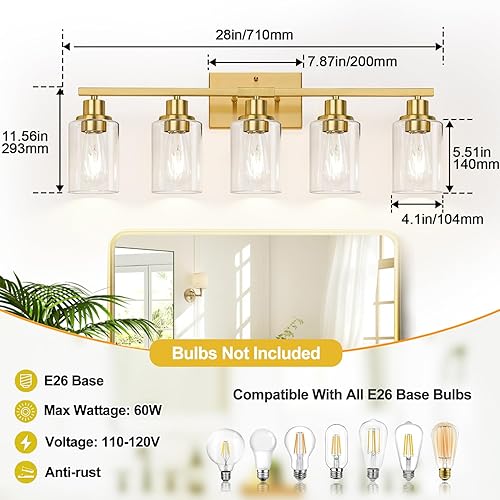 Miniatura 132 de Lámparas de baño de 3 luces, luces de tocador de latón para baño con pantallas de vidrio transparente, modernos apliques de pared de baño