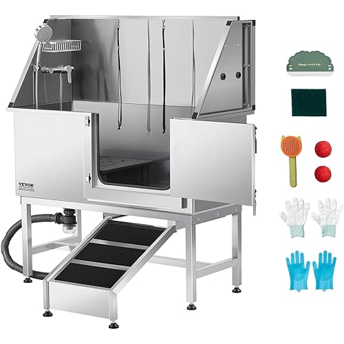 VEVOR Stainless Steel Dog Washing Station, 50 inch Pet Grooming Tub w/Ramp, PE Water Filter Board, Faucet & Showerhead & Soap Holder Dog Bathtub for Large & Medium & Small Pets (Right Door)