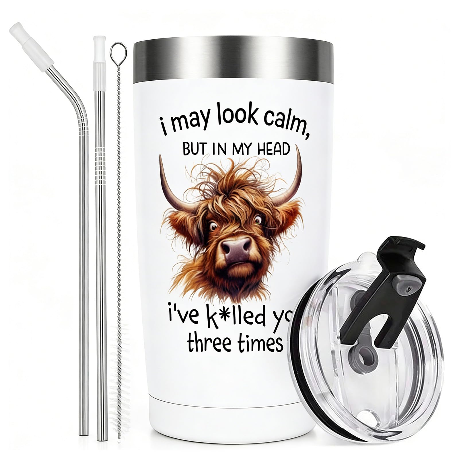 Highland Cow Gifts for Women & Men, 20oz Bottle Travel Mug, Funny Unusual Cow Coffee Cup with Quote, Car Cup Holder Friendly, Insulated Thermal Stainless Steel Tumbler for Home Office Travel