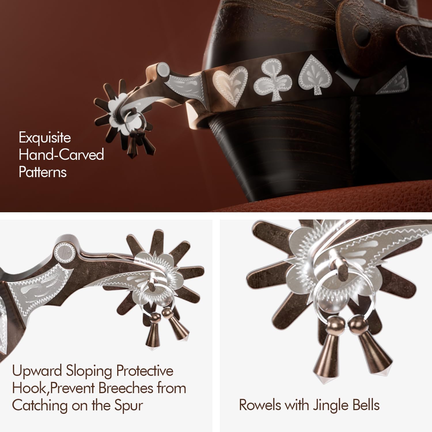 Western Cowboy Spurs, 1 Pair Horse Spurs with Rowels, Antique Horse Boot Spurs with Hand-Carved Decoration for Adult Equestrian