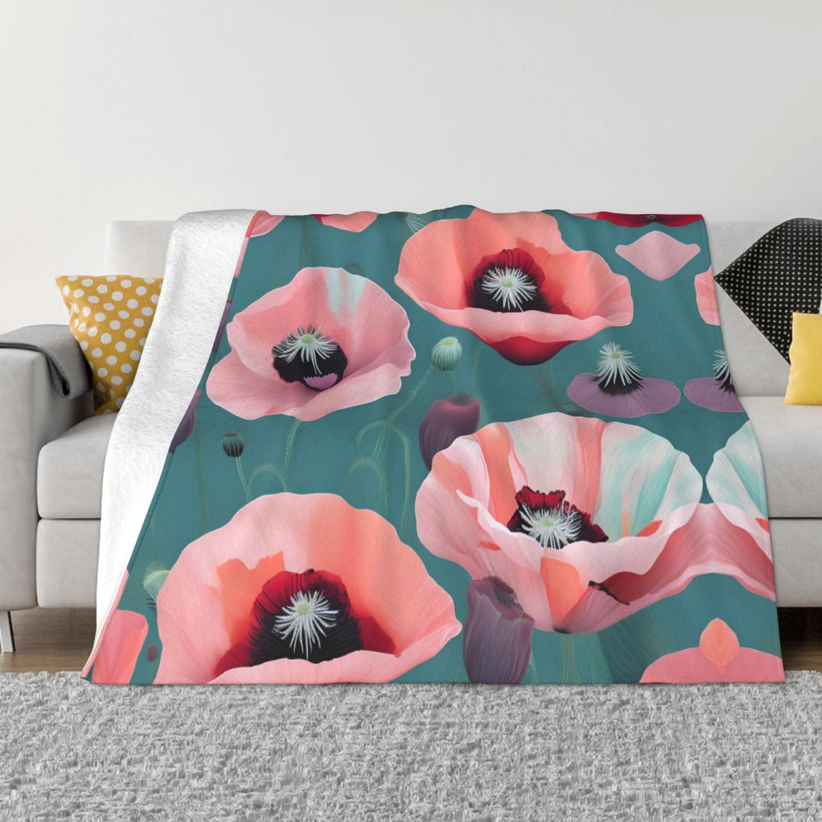 Couverture coquelicots flanelle douce pour canapé lit et camping