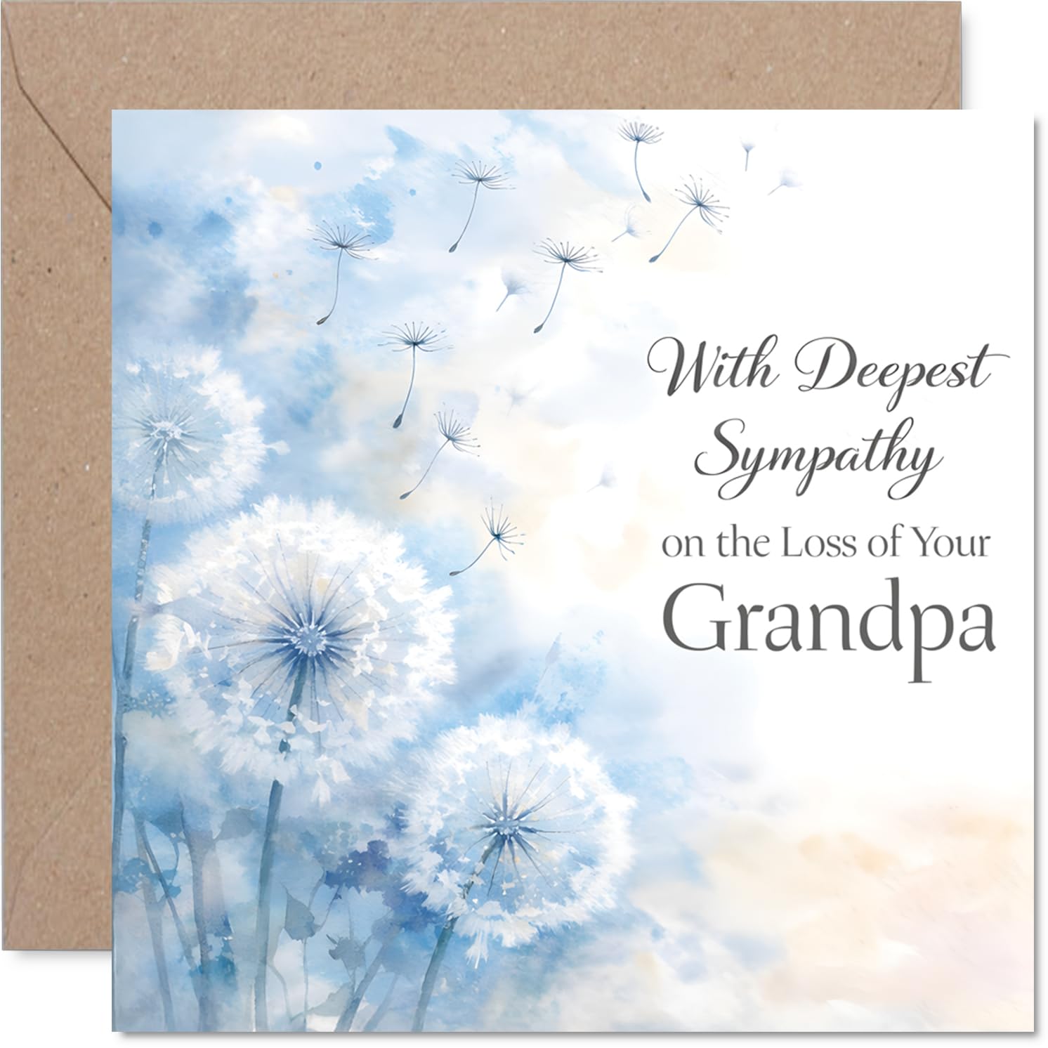Comforting Sympathy Card - Loss of Grandpa - Gentle Words in a Difficult Moment - Soft Blue Dandelion Design with Delicate Florals - 145mm Square, Envelope Included
