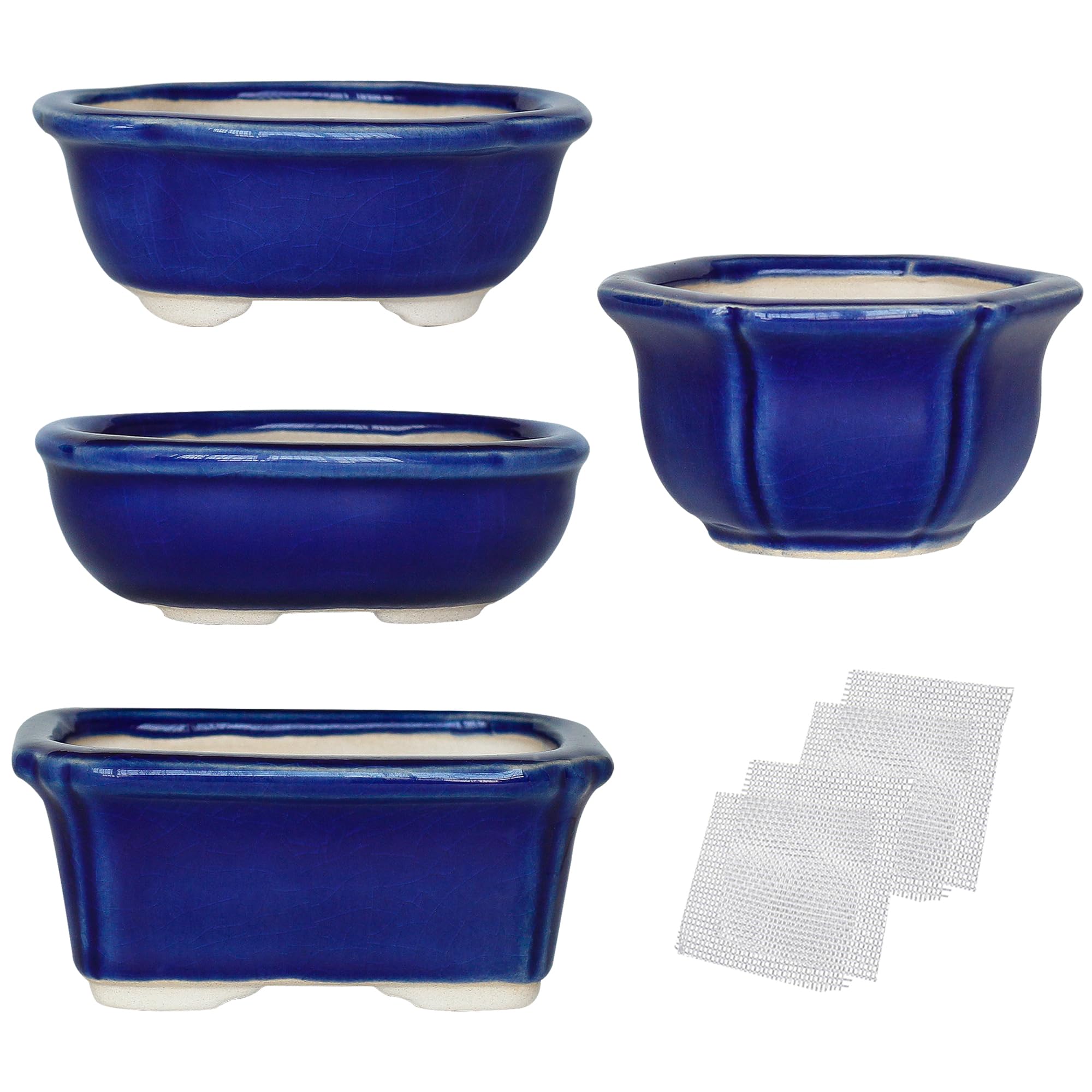 happy bonsai Mini Glazed Pots Value Set of 4, with 4 Soft Mesh Drainage Screens
