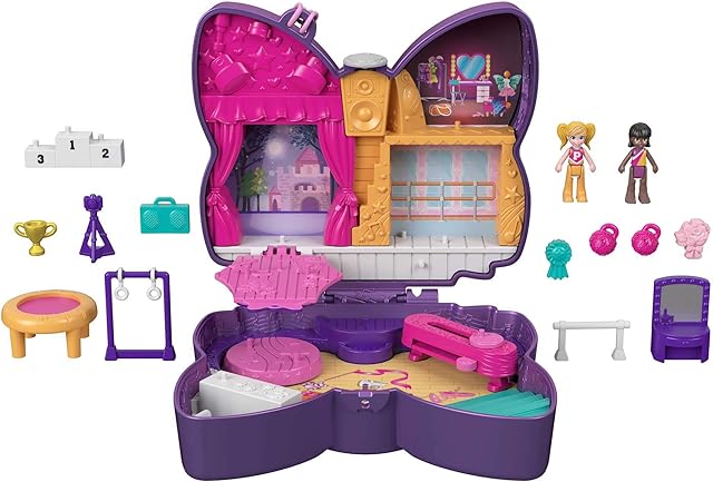 Polly Pocket Sparkle Stage Bow Compact, 2 Micro Dolls, 5 Reveals, 12 Accessories, Pop & Swap Feature, 4 & Up