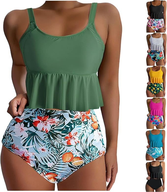 Tankini Swimsuits for Women, 2025 High Waist Bikini Sets Ruffle Cami Tank Top and Floral Bottom Holiday Bathing Suit
