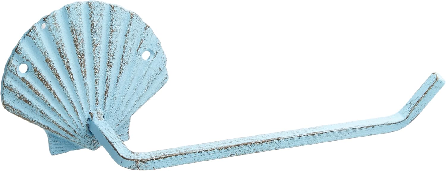 Hampton Nautical Rustic Light Blue Cast Iron Shell Toilet Paper Holder 10 Bathroom Decoration-Beach Home