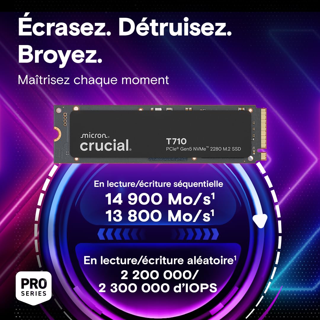 Crucial T710 2TB Gen5 NVMe SSD, Up to 14,500 MB/s, PCIe 5.0 M.2 2280, Internal Solid State Drive, Compatible with Laptop, Desktop, +Acronis Software - CT2000T710SSD8-01