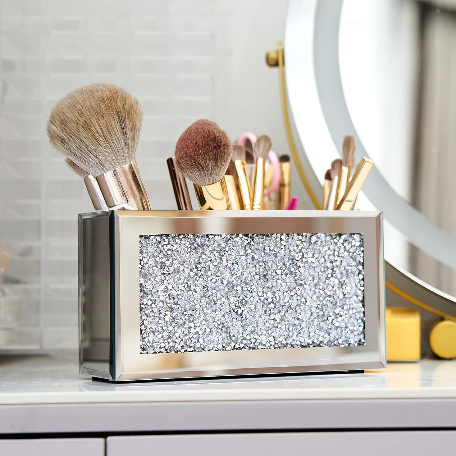 Kosmetik Make Up Organizer Make-up-Pinselhalter Mit 3 Fächern Für Vanity Cosmetic Storage Organizer Bling Crushed Diamond Eyeliners Eyebrow Vitrine Schmink Beauty Zubehör