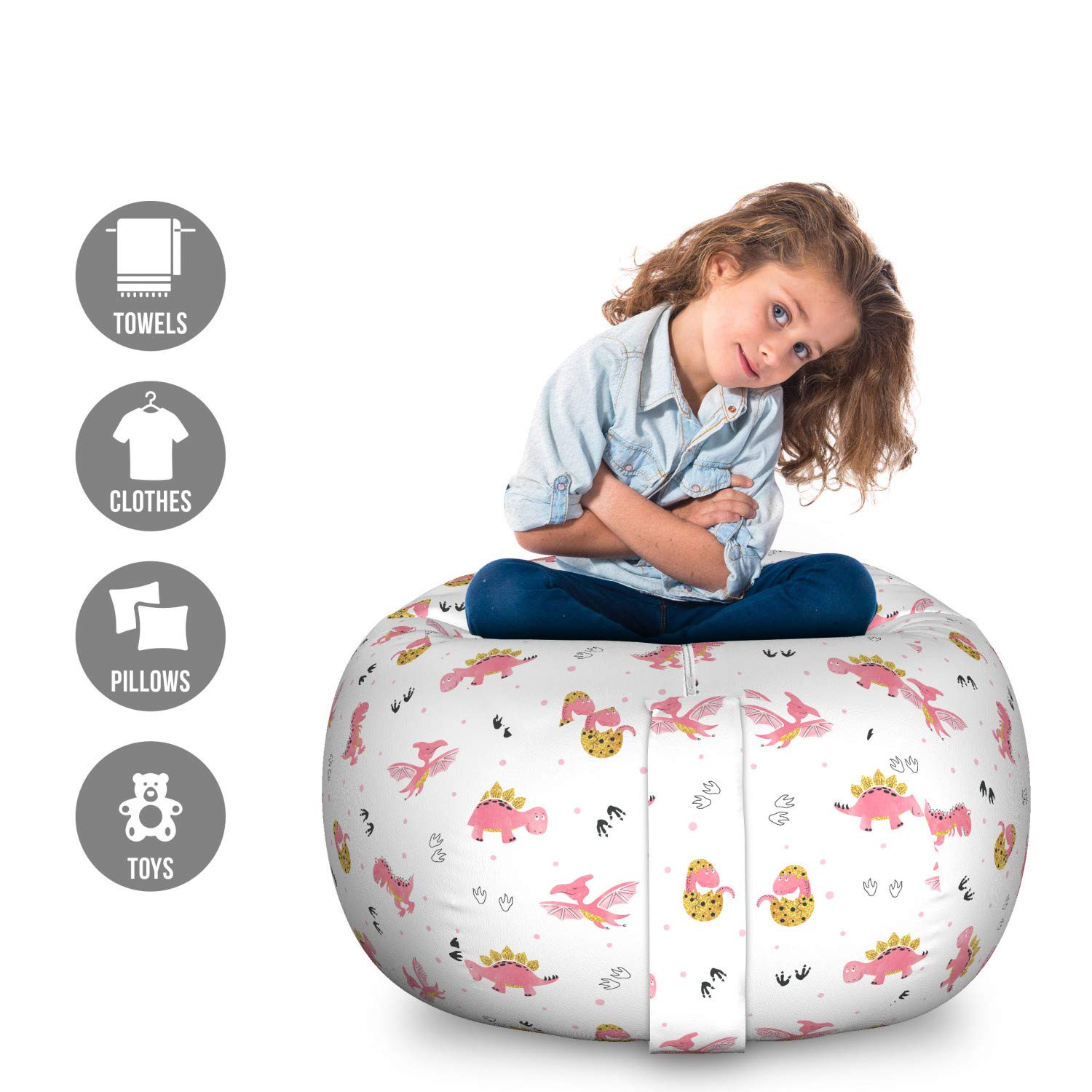 Lunarable Dinosaur Storage Toy Bag Chair, Tyrannosaurus Hatching Birth Theme Creative Paintbrush, Stuffed Animal Organizer Washable Bag, Large Size, Earth Yellow White Pink