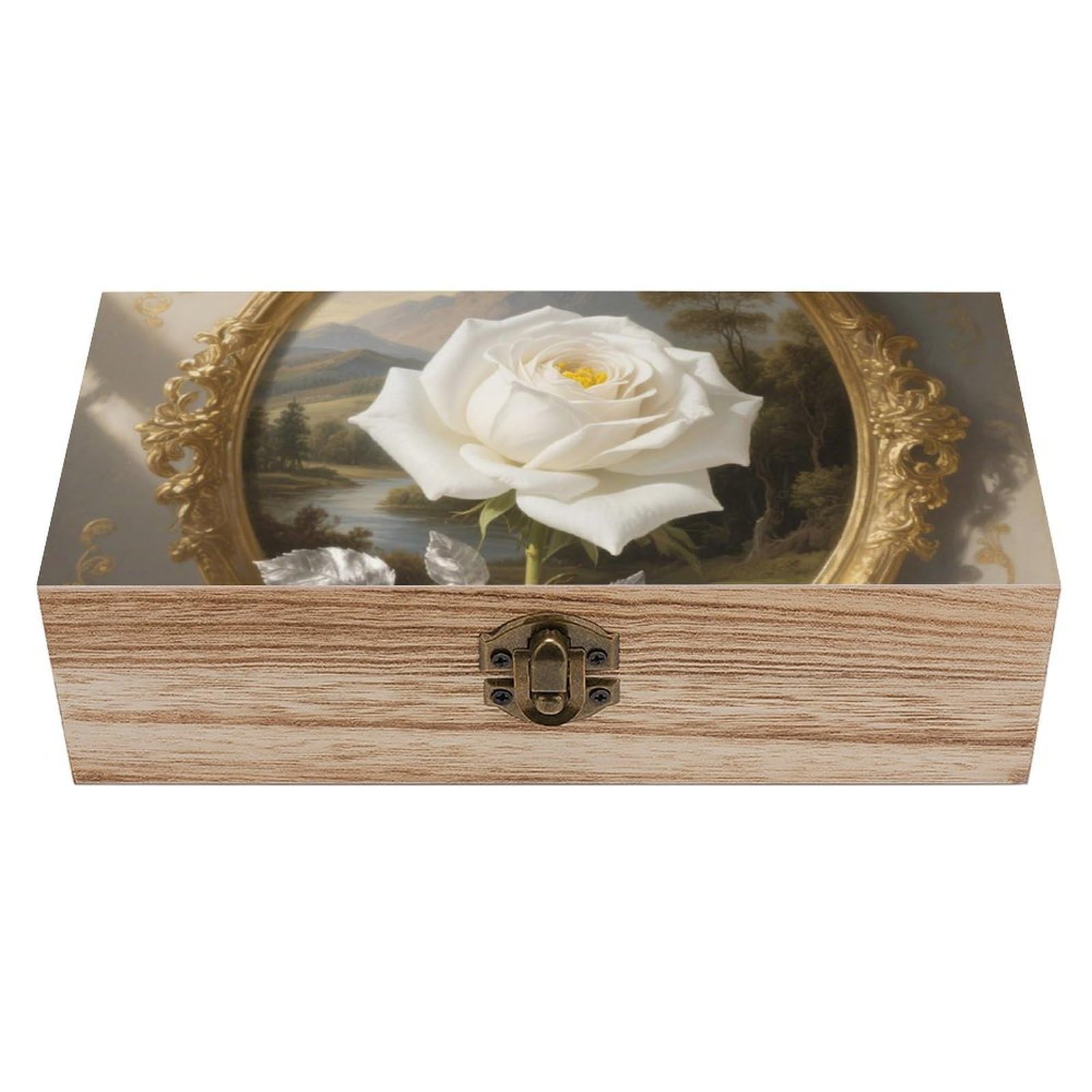 asbwuo White Rose Wooden Keepsake Box Storage Boxes with Hinged Lid
