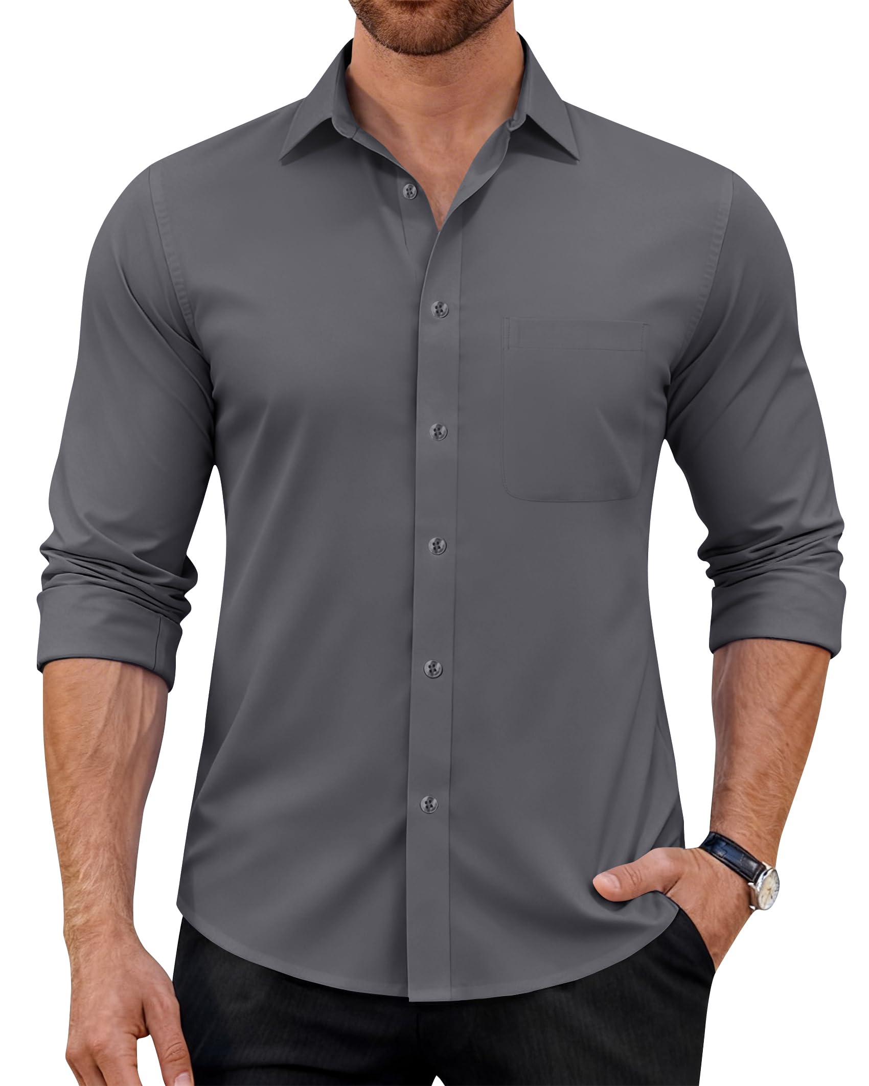 J.VER Herren Hemd Langarm Business Casual Hemden Knitterfreies Stretchhemd Regular Fit Freizeithemd Bügelfrei Unifarben Anzughemd Button Down Oberhemden