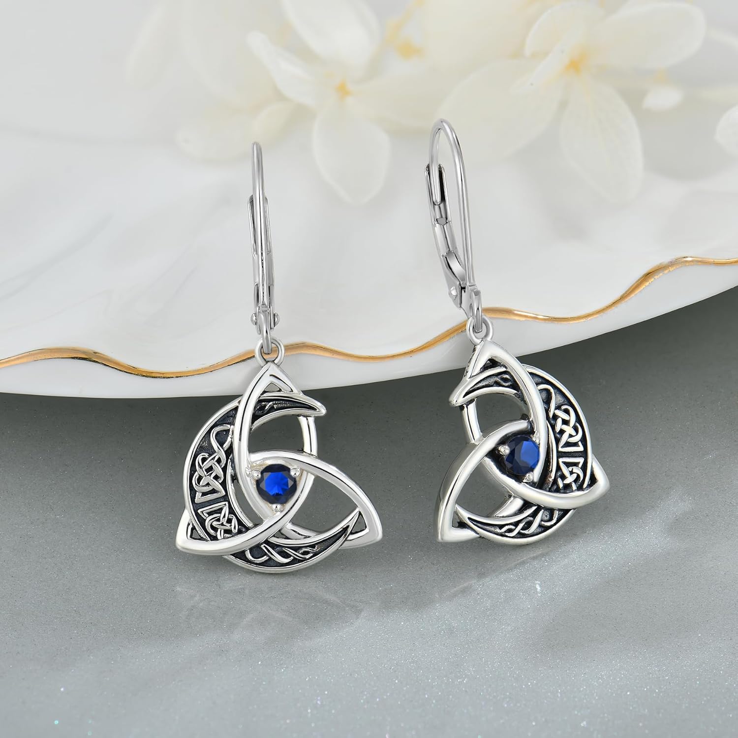 Trinity Celtic Knot Moon Leverback Earrings for Womens, 925 Sterling Silver Dangle Drop Round Gemstone Earrings, Irish Celtic Jewelry for Women - Image 4