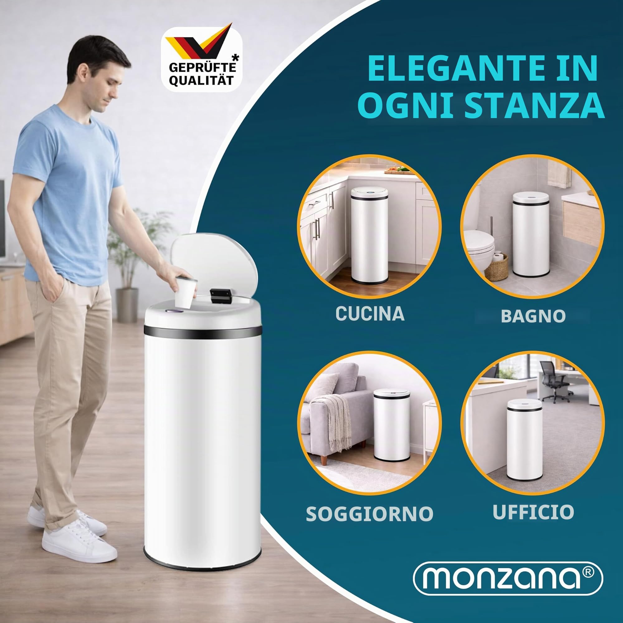 Monzana® Cestino a Sensore incl. Cavo di Ricarica Acciaio Inox Display LED Touchless Pattumiera Smart Raccolta Differenziata | Pattumiera intelligente da 50 l, con sensore, senza contatto, riciclabile, in acciaio inox, cavo USB, vano batteria protetto