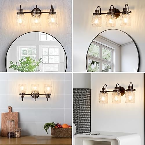 Miniatura 8 de 3 luces de tocador de baño, bronce aceitado con pantalla de vidrio martillado para tocador, sobre espejo, pasillo