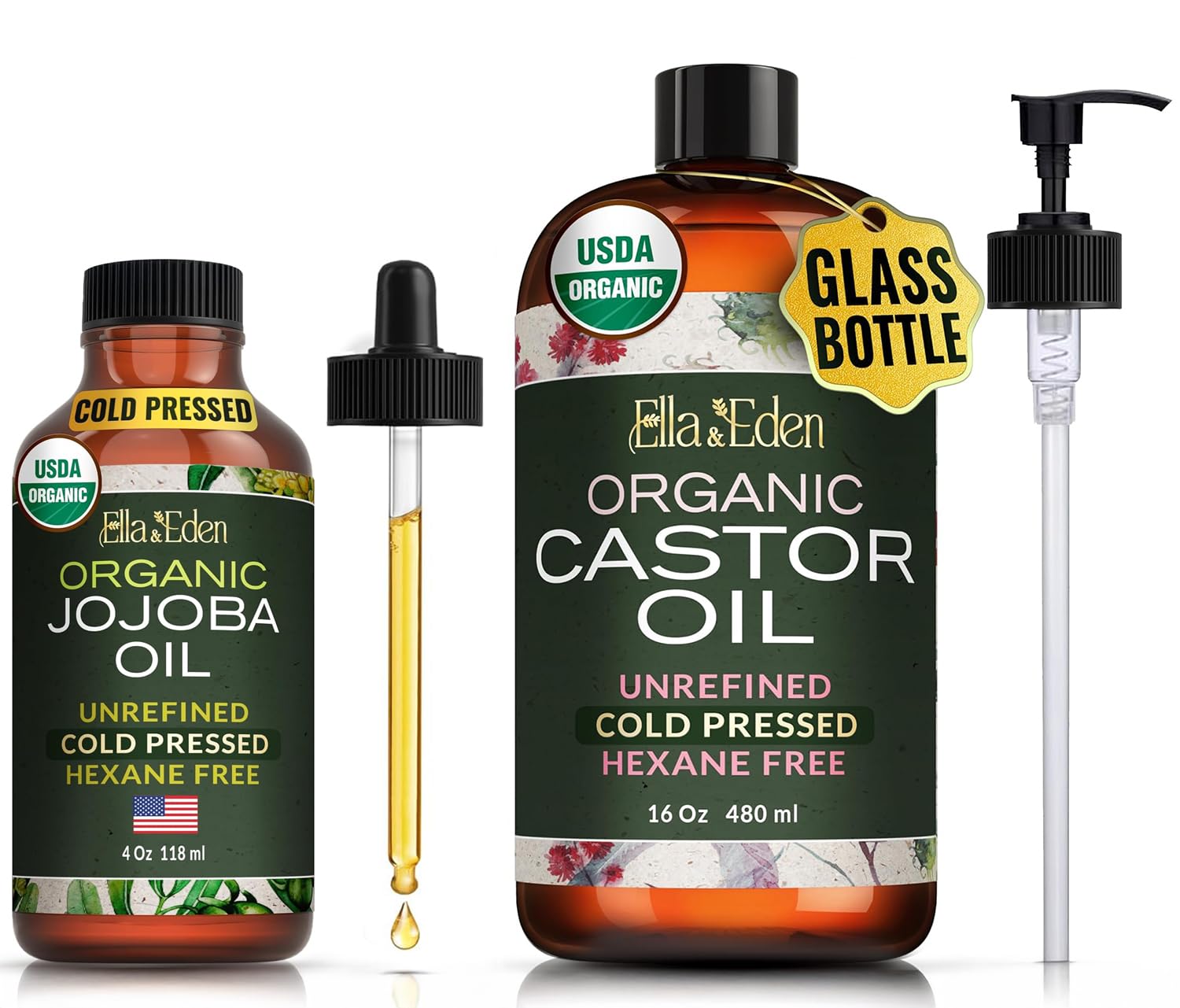 Ella & Eden Organic Castor Oil 16 Oz & Jojoba Oil 4 Oz | Glass Bottle | Hair, Skin, Face, Nails | Cold-Pressed, Unrefined, Hexane-Free, USDA Certified, 100% Pure