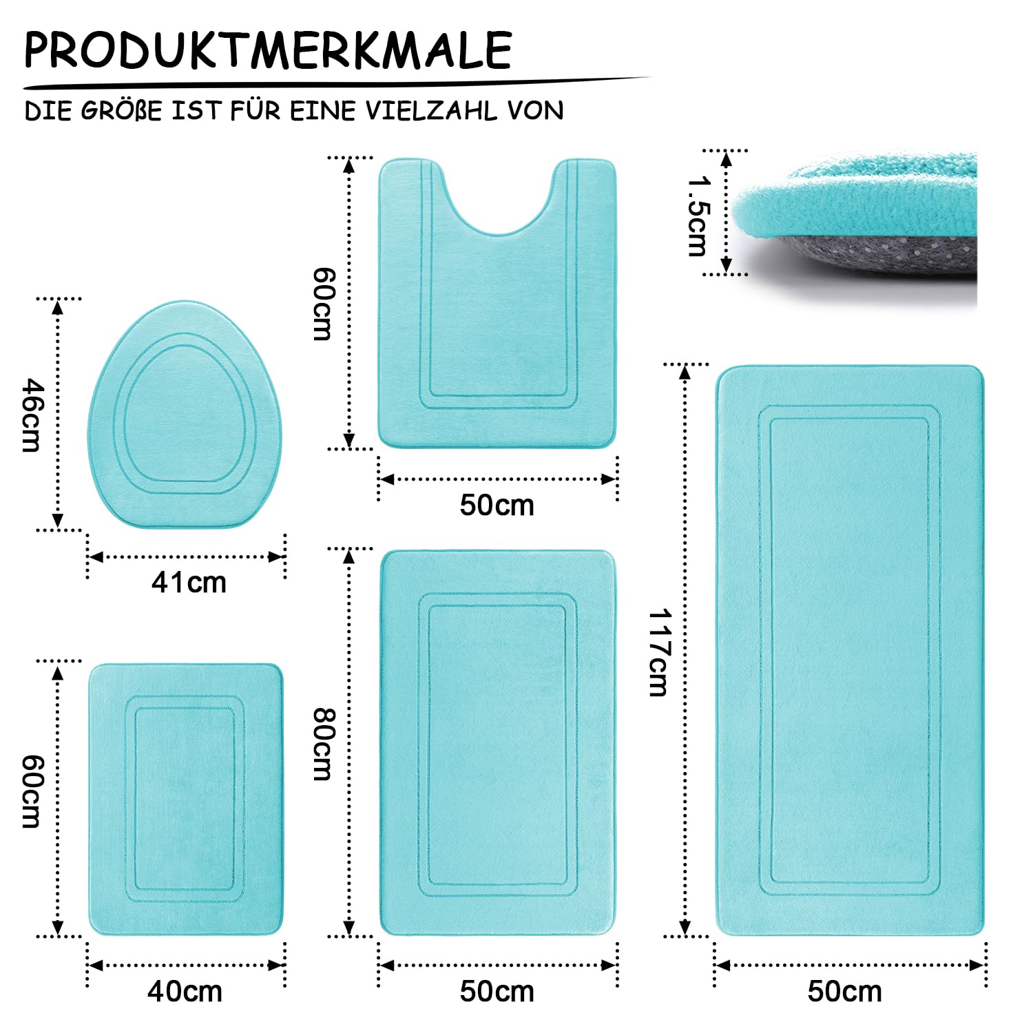chakme Set di 5 tappeti da bagno, tappetino da bagno in memory foam, antiscivolo, lavabile, set di tappeti da bagno, per WC, doccia e vasca da bagno, colore: verde blu