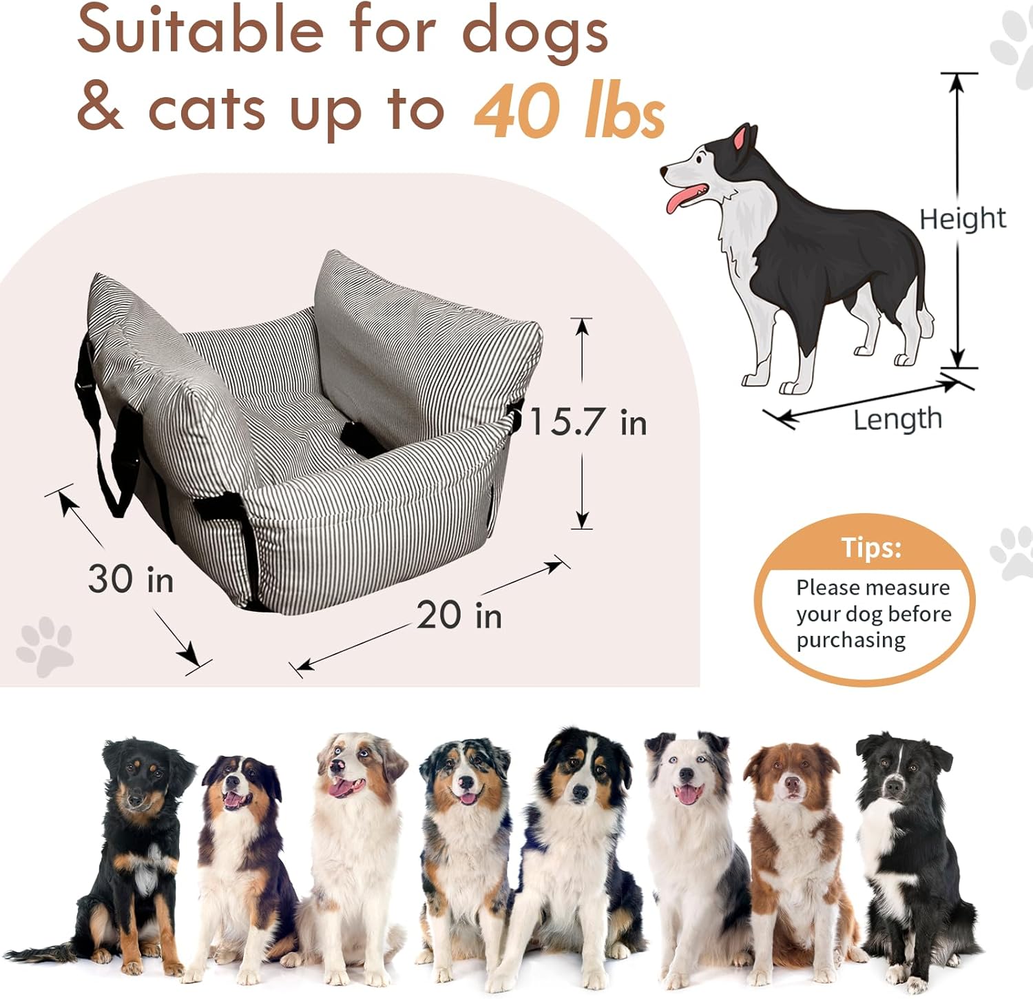 LELEFIDO Dog Car Seat for Small/Medium Dogs Under 40 lbs - Elevated Pet Seat with Safety Belt, Non-Slip Base, and Storage Pockets for Car Travel (Brown, 30 x 20.5 inch) Brown 30*20.5inch