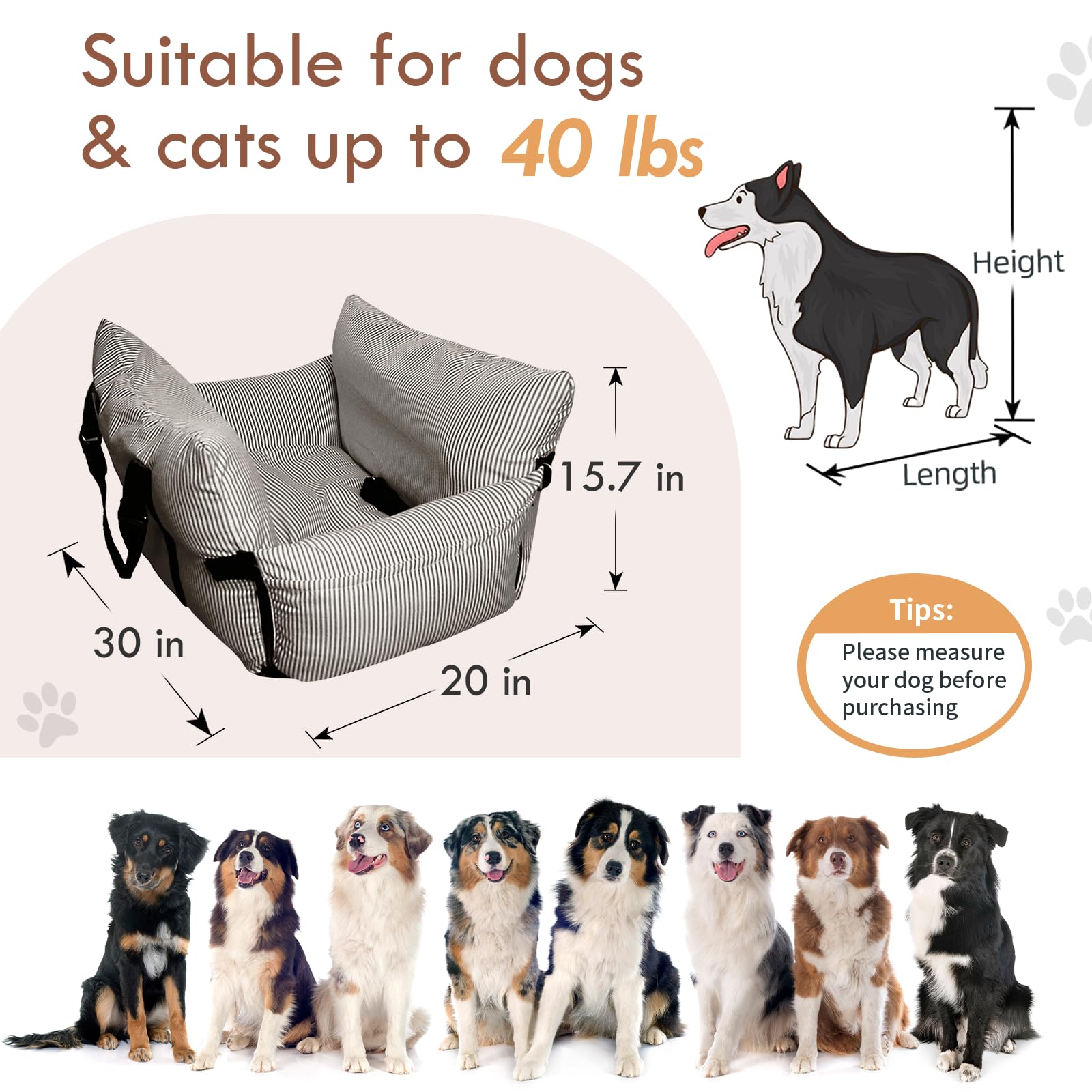 Hundesitz Auto für Kleine/Mittlere Hunde unter 18 kg, Tragbares Autositz Hund mit Sicherheitsgurt und Aufbewahrungstaschen, Waschbarer Hund Booster Autositz, Anti-Rutsch-Boden (Braun, 76 x 52 cm)