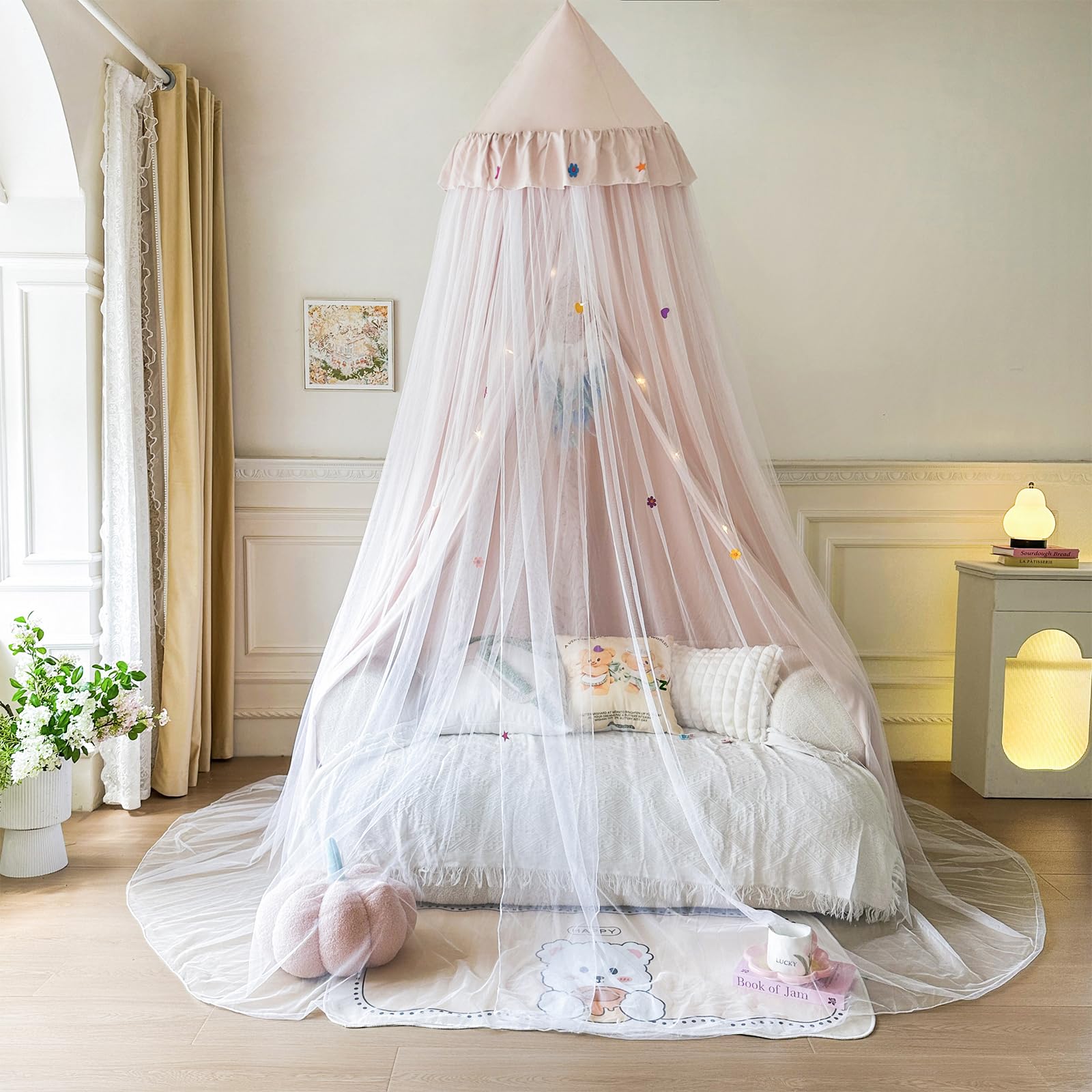 Bed Canopy for Girls with Star Lights, Round Dome Pincess Canopy Bed Curtains , Elegant Double Layer Mosquito Net, Girls Play Tent, Kids Reading Nook Canopies, Dreamy Bedding for Girls Room Decor