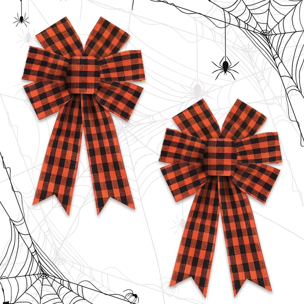 2PCS Halloween Wreath Bows Halloween Decor Bows Ghost Boo Buffalo Plaid Burlap Linen Bows for Wreath, Halloween Fabric Ribbon Bows for Home Party Indoor Outdoor Decoration Wreath Ornament Supplies