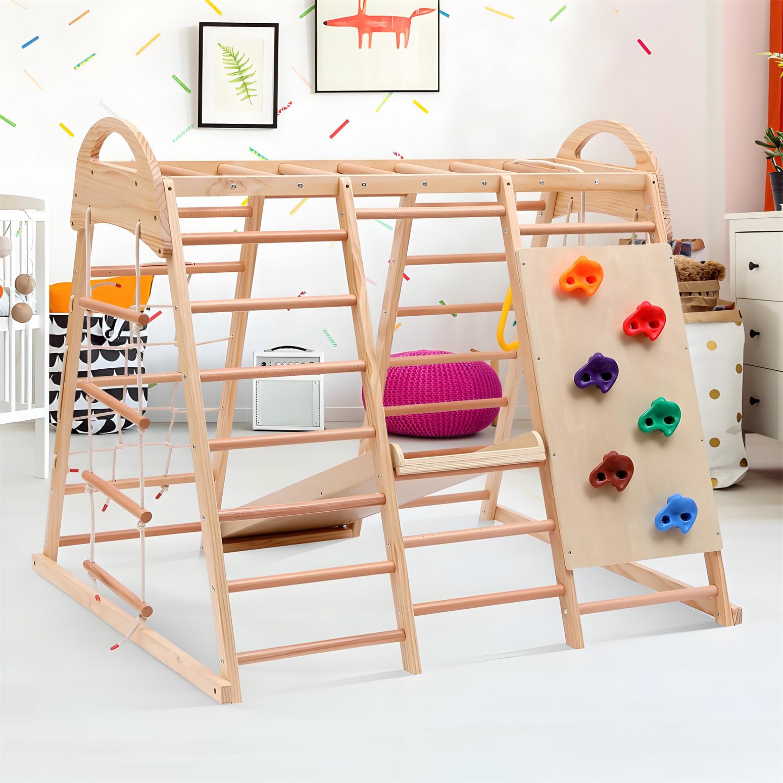 Parque Infantil Multifuncional 7 En 1, De Madera Maciza, Contrachapado Y Madera De Haya. Incluye Columpio, Escalera, Tobogán, Red, Roca De Plástico Y Anillas. Se Puede Usar Como Tienda De Campaña
