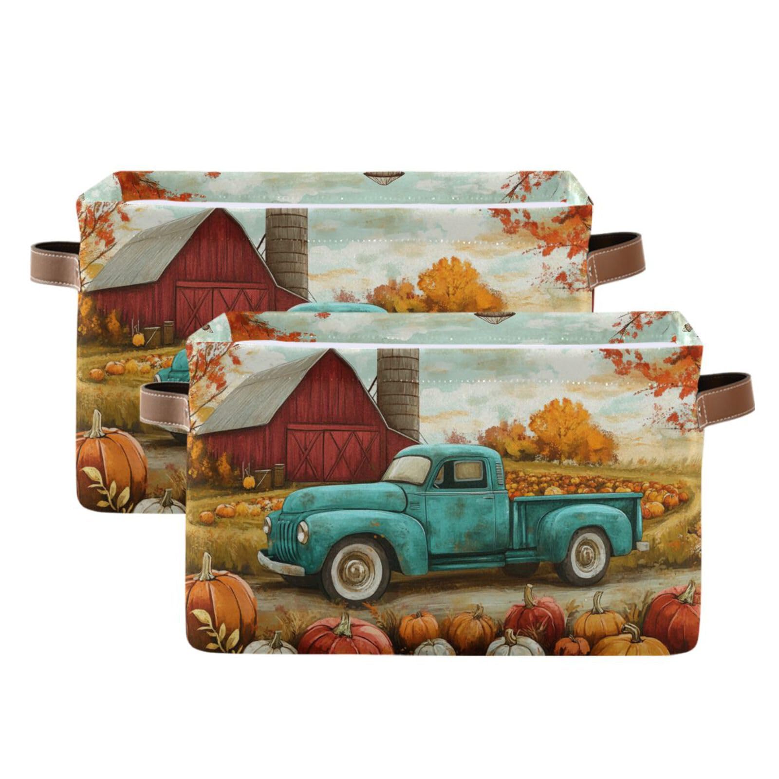 Aslsiy Storage Basket Autumn Pumpkins Truck Maple Nursery Bins Fall Tree Baby Box Canvas Clothes Shelf Basket Laundry Hampers 2 Pcs