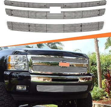 Front Grille Main Upper and Bumper Grille Insert Combo Mirror Polished Finish Compatible with 2007-2013 Chevy Silverado 1500