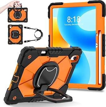 Rugged Kid Case for Huawei MatePad 11.5 2023/2024/Air 2023 w/M-Pencil Holder 360 Rotating Hanging Ring Handle Kickstand Shoulder Strap, Heavy Duty Shock-Proof Armor Cover Black+Orange