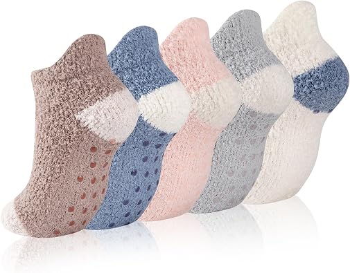 COOPLUS Non Slip Hospital Socks with Grips for Women Cozy Fluffy Winter Warm Fuzzy Slipper Socks for Women